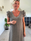 Mocha Washed Linen Frill Sleeve V-Neck Dress