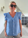 Cornflower Blue Frill Sleeve Linen Top