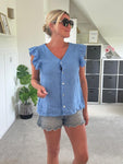 Cornflower Blue Frill Sleeve Linen Top