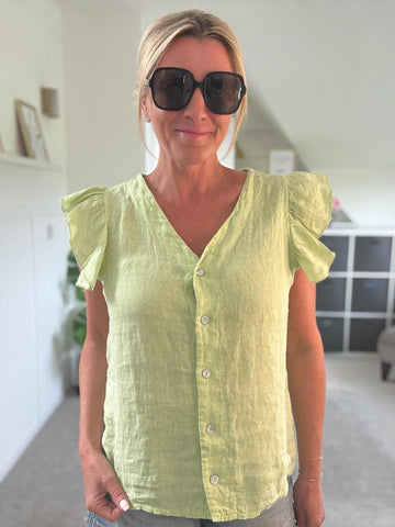 Lime Frill Sleeve Linen Top