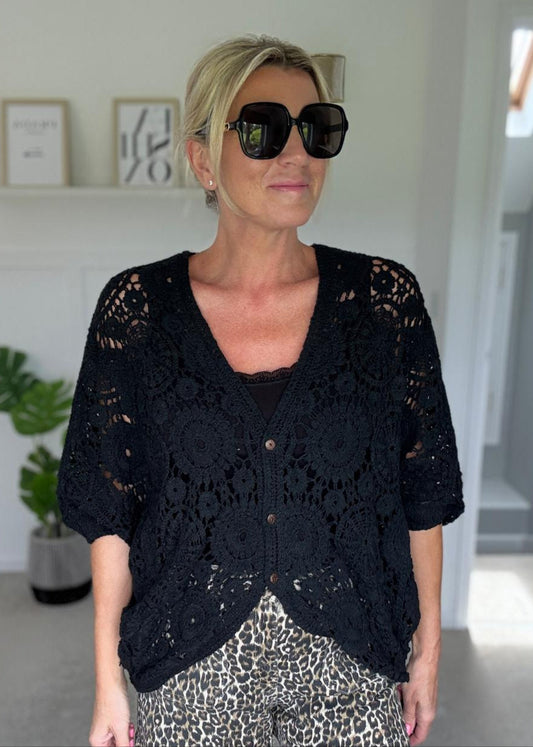 Black Crochet Batwing Cardigan