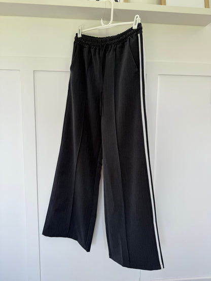 Grey Twill Double Stripe Wide Leg Trousers
