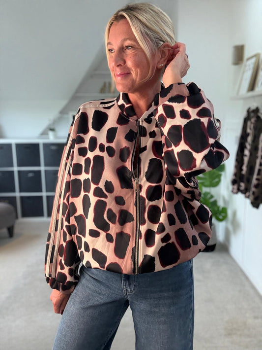 Burgundy/Cream Animal Print Bomber Jacket