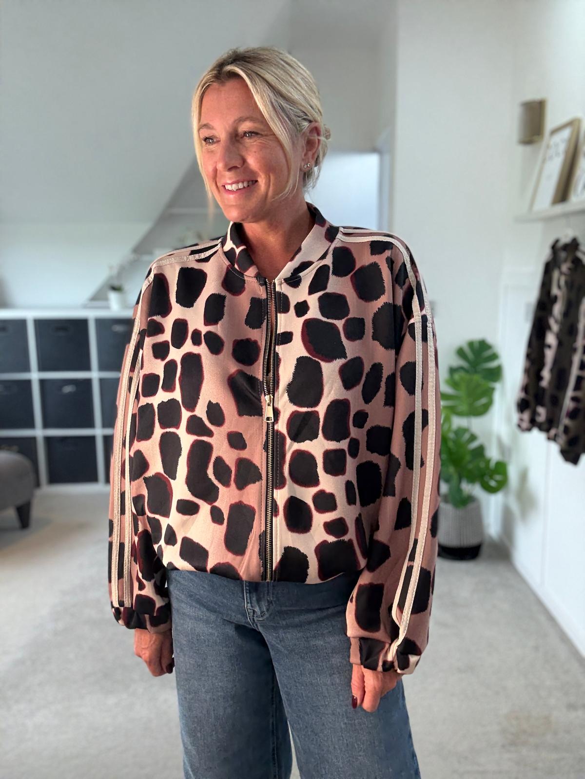 Burgundy/Cream Animal Print Bomber Jacket