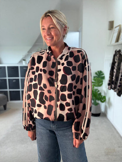 Burgundy/Cream Animal Print Bomber Jacket