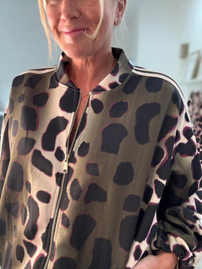 Burgundy/Cream Animal Print Bomber Jacket
