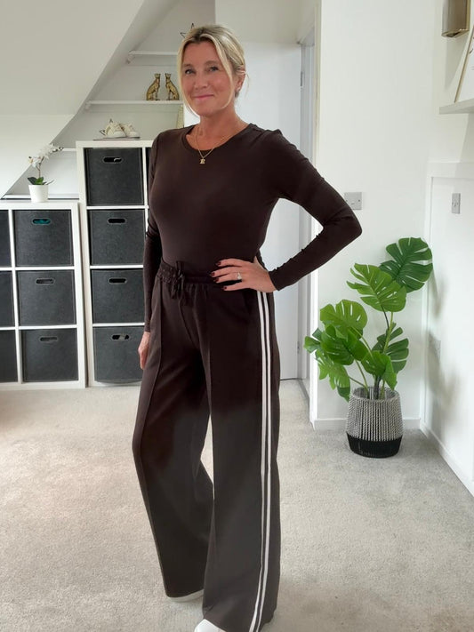 Brown Twill Double Stripe Wide Leg Trousers