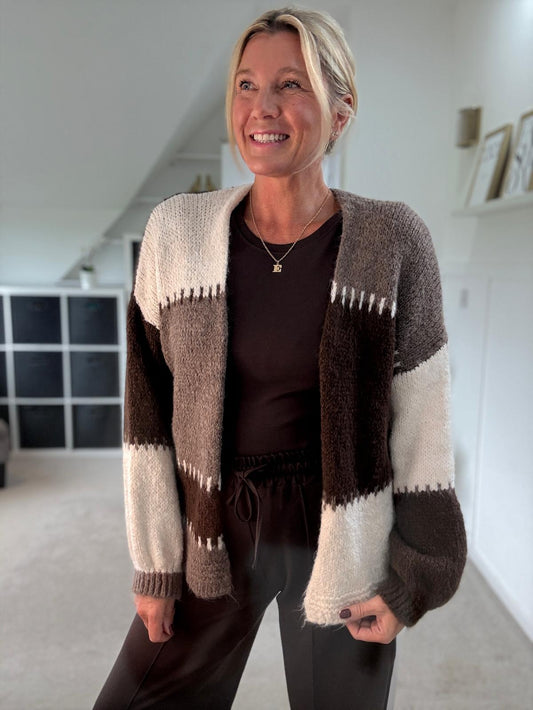 Brown/Mocha Patchwork Contrast Stitch Cosy Cardigan