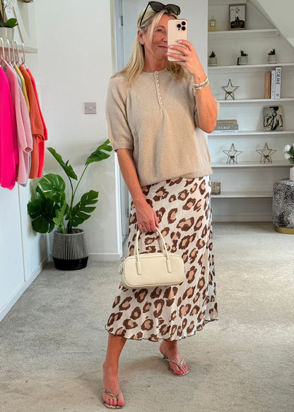 Beige Leopard Satin Slip Skirt