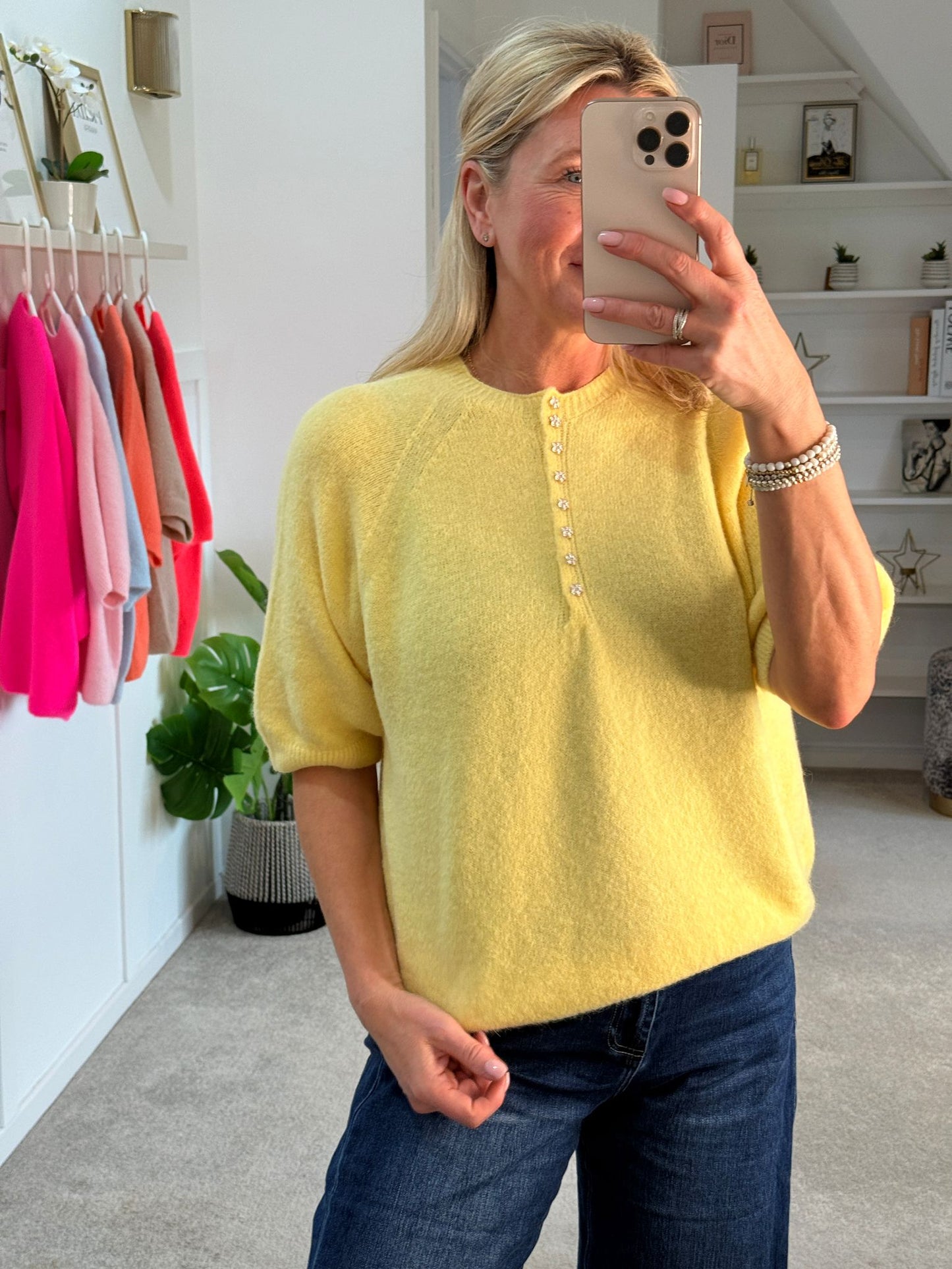 Neon Pink Alpaca Mix Diamonte Button Jumper