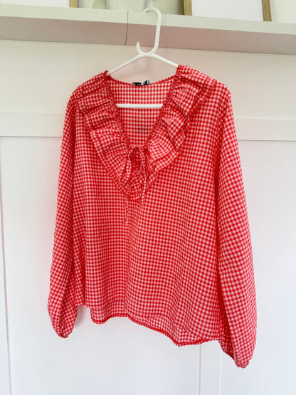 Pink Gingham Ruffle Blouse