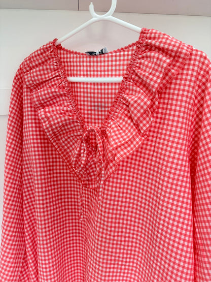 Pink Gingham Ruffle Blouse
