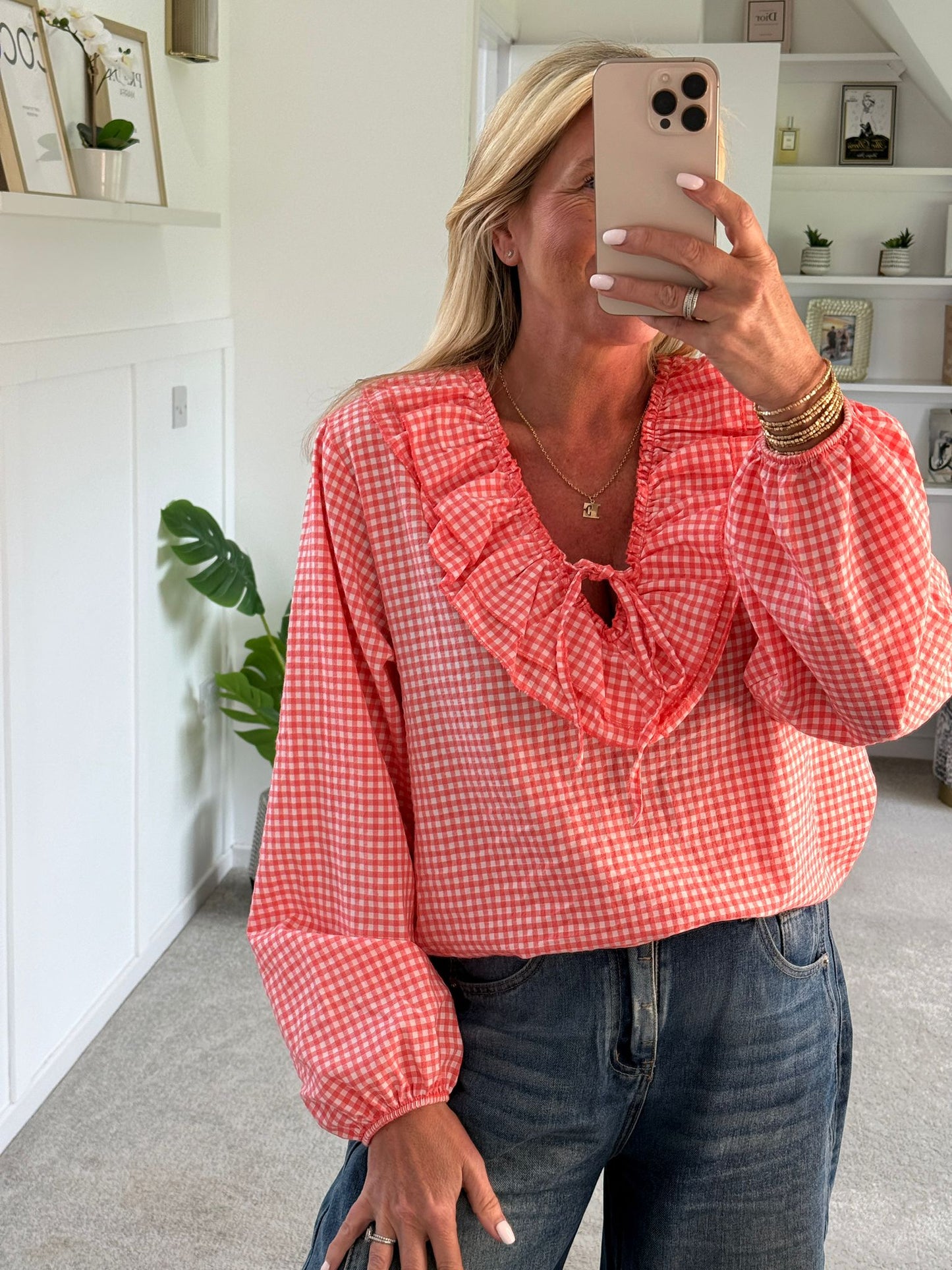 Pink Gingham Ruffle Blouse