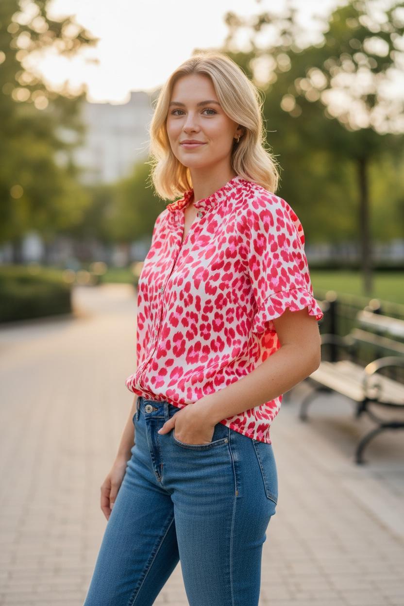 Red/Pink Leopard Frill Sleeve Blouse