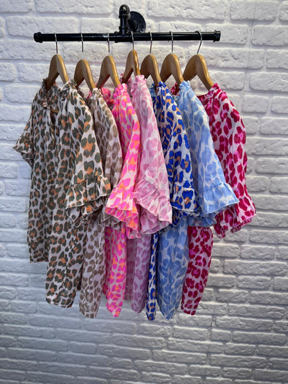 Red/Pink Leopard Frill Sleeve Blouse