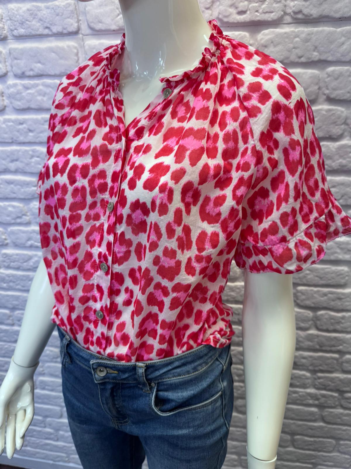 Red/Pink Leopard Frill Sleeve Blouse