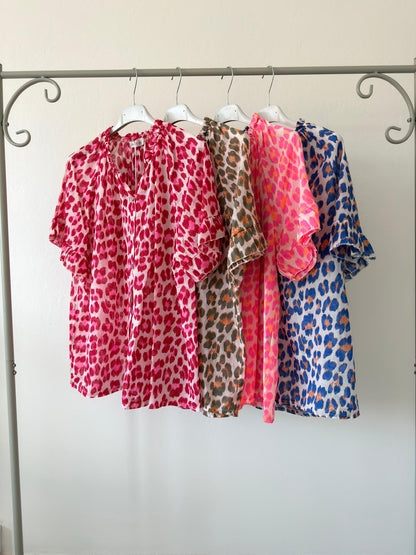Red/Pink Leopard Frill Sleeve Blouse