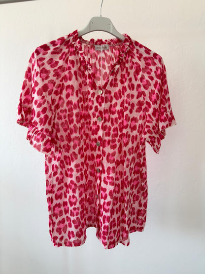 Red/Pink Leopard Frill Sleeve Blouse