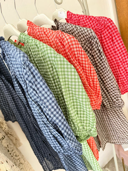 Chocolate Gingham Frill Sleeve Blouse