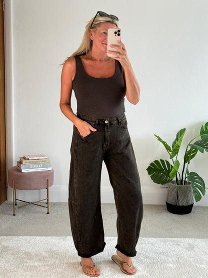 Black Wash Barrel Leg Panel Jeans