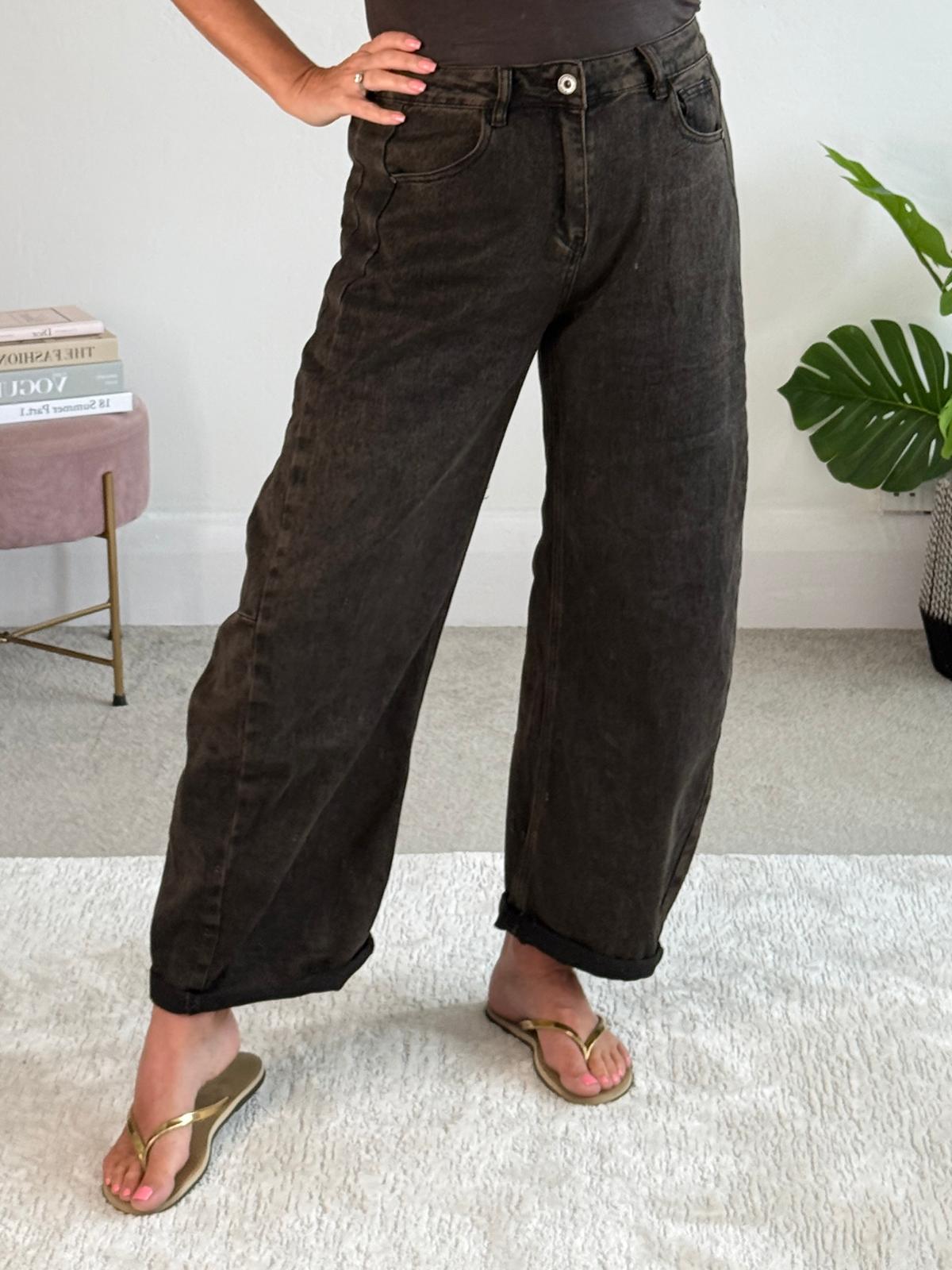 Black Wash Barrel Leg Panel Jeans