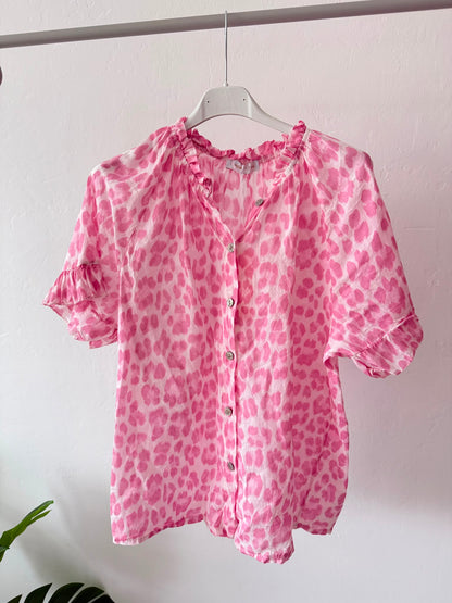 Pink Leopard Frill Sleeve Blouse