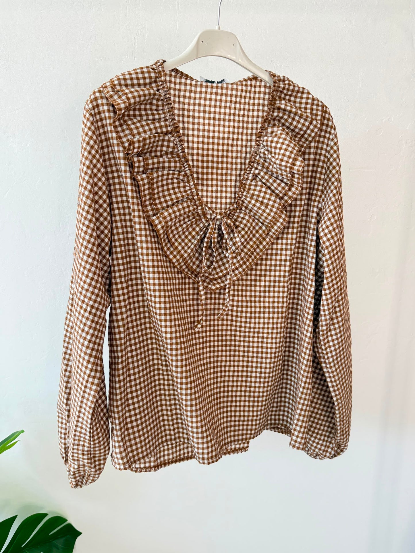 Coffee Gingham Ruffle Blouse