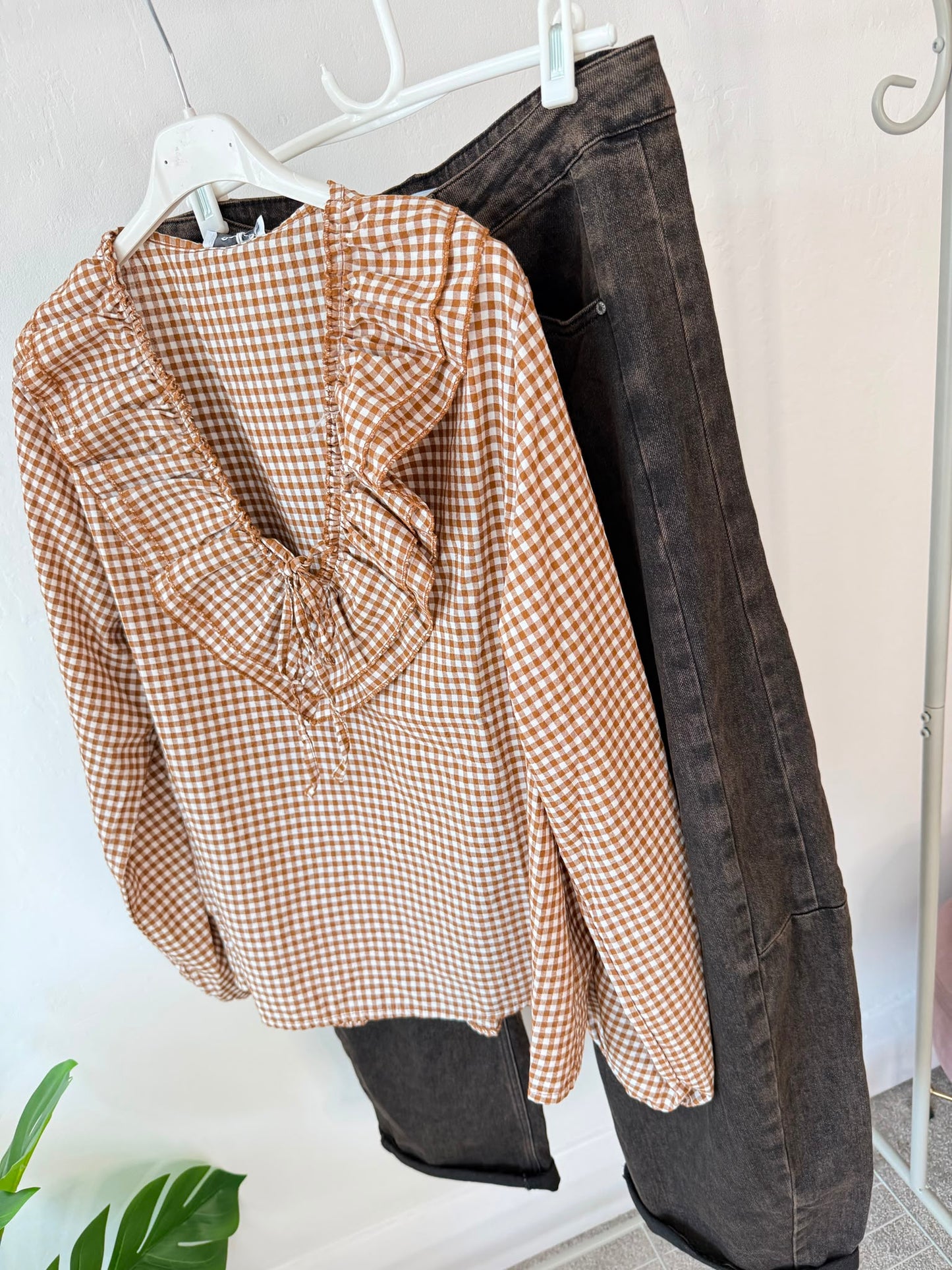 Coffee Gingham Ruffle Blouse