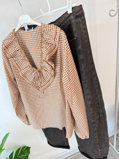 Coffee Gingham Ruffle Blouse