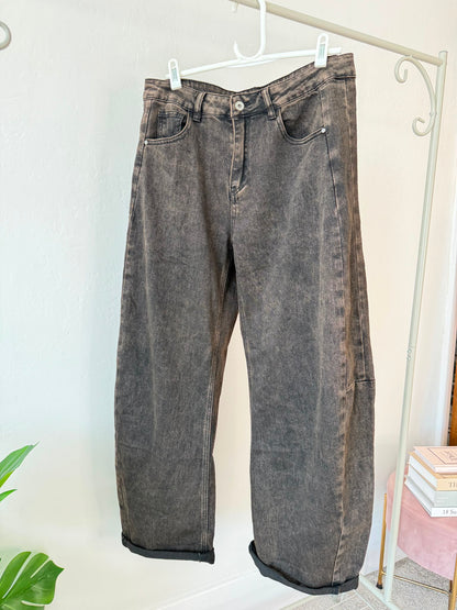 Black Wash Barrel Leg Panel Jeans