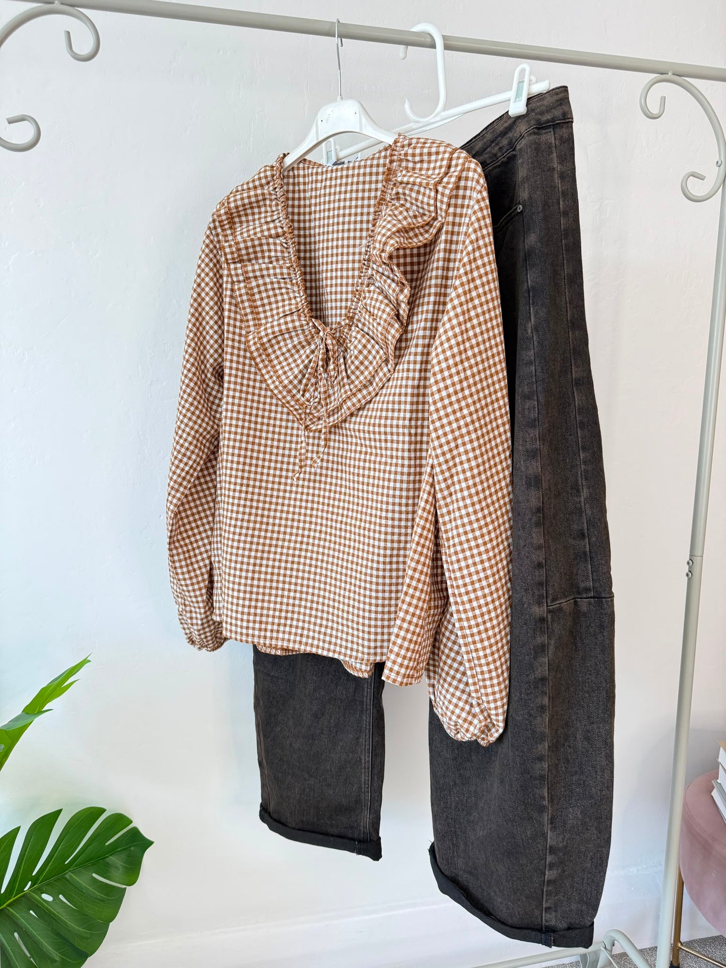 Coffee Gingham Ruffle Blouse