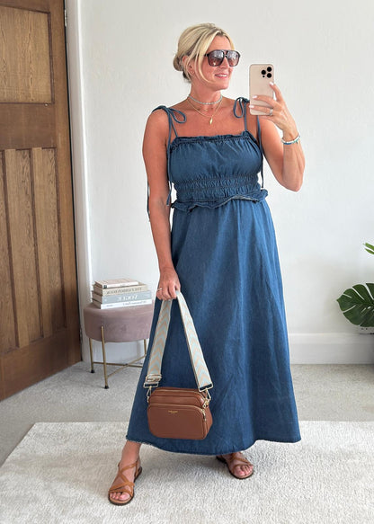Blue Denim Tie Strap Shirred Dress