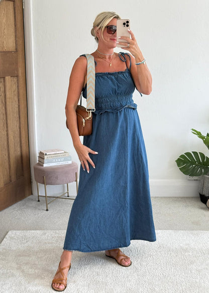 Blue Denim Tie Strap Shirred Dress