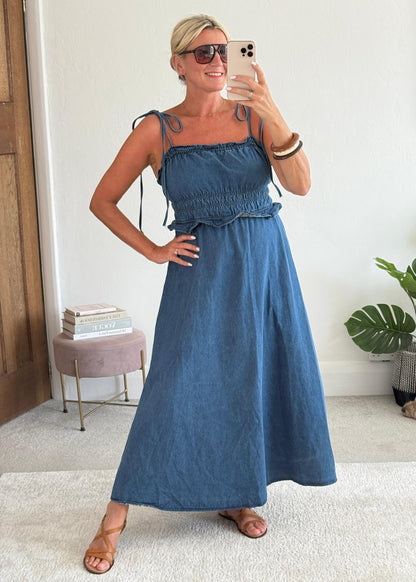 Blue Denim Tie Strap Shirred Dress