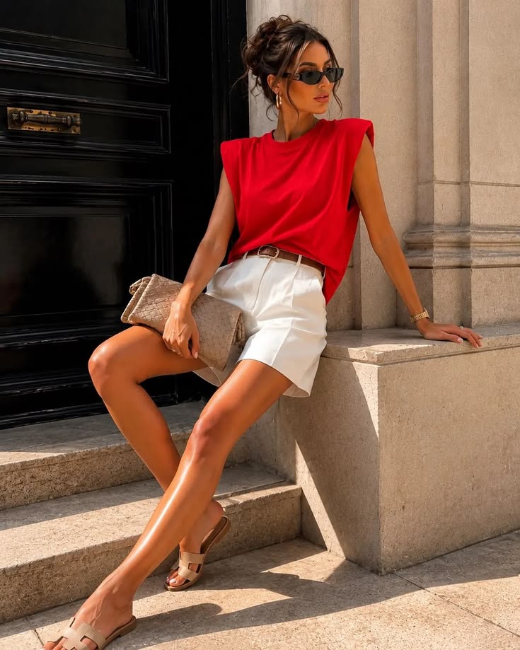 Red Structured Shoulder T-Shirt