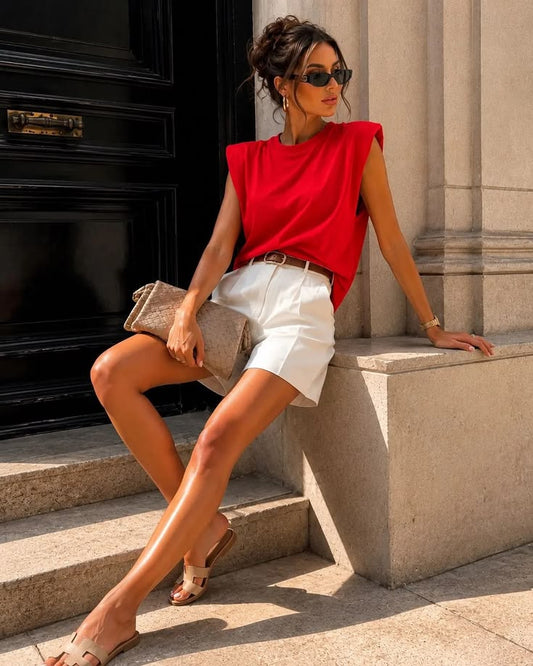 Red Structured Shoulder T-Shirt