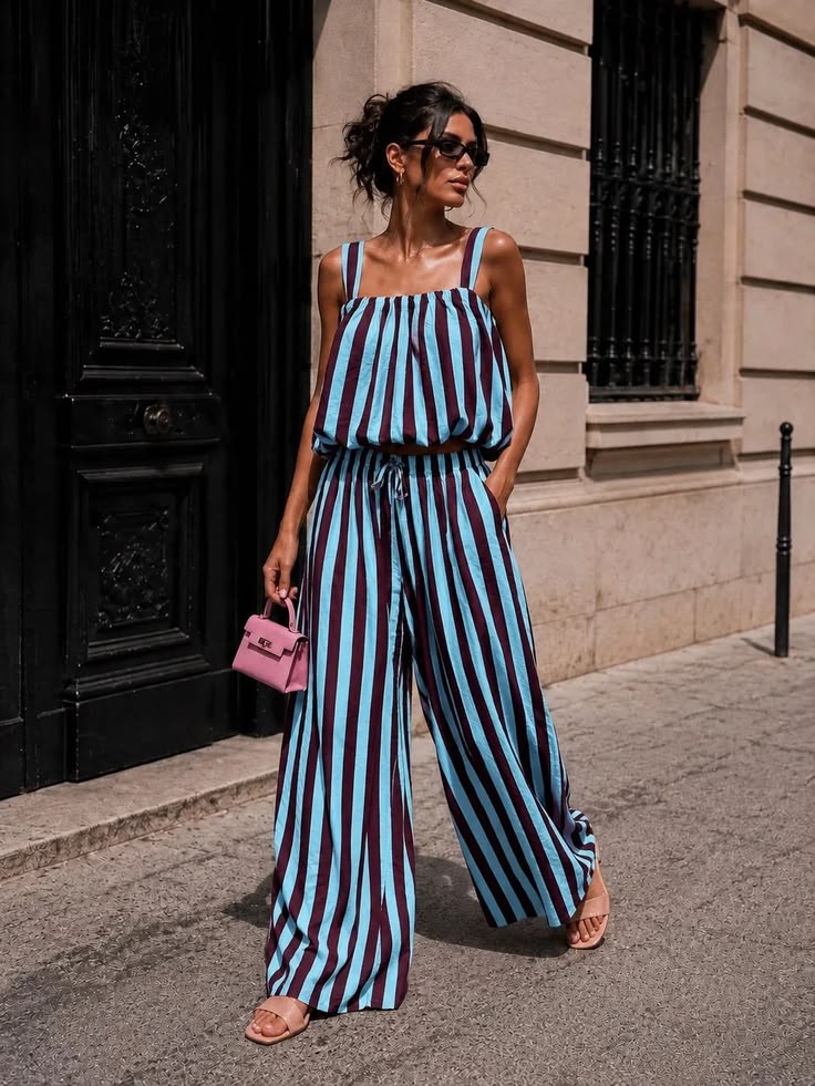 Blue/Plum Striped Wide Leg Co-Ord Set