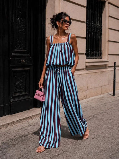 Blue/Plum Striped Wide Leg Co-Ord Set