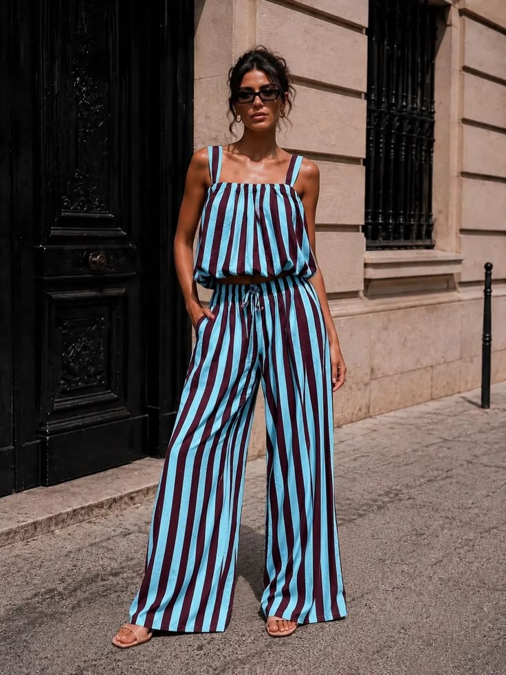 Blue/Plum Striped Wide Leg Co-Ord Set