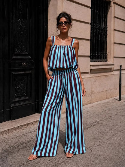 Blue/Plum Striped Wide Leg Co-Ord Set
