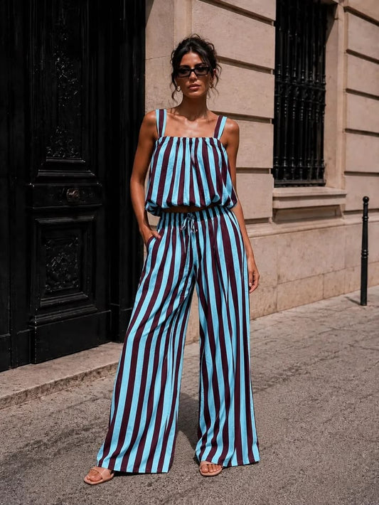 Blue/Plum Striped Wide Leg Co-Ord Set