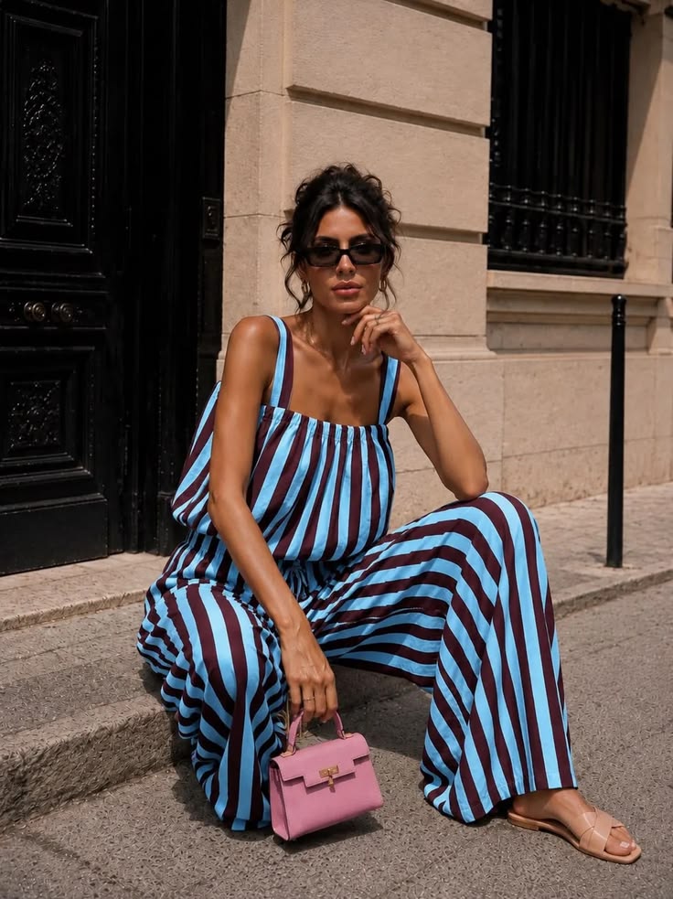 Blue/Plum Striped Wide Leg Co-Ord Set