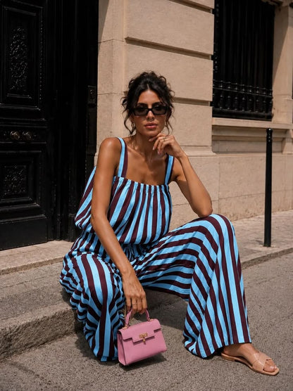 Blue/Plum Striped Wide Leg Co-Ord Set