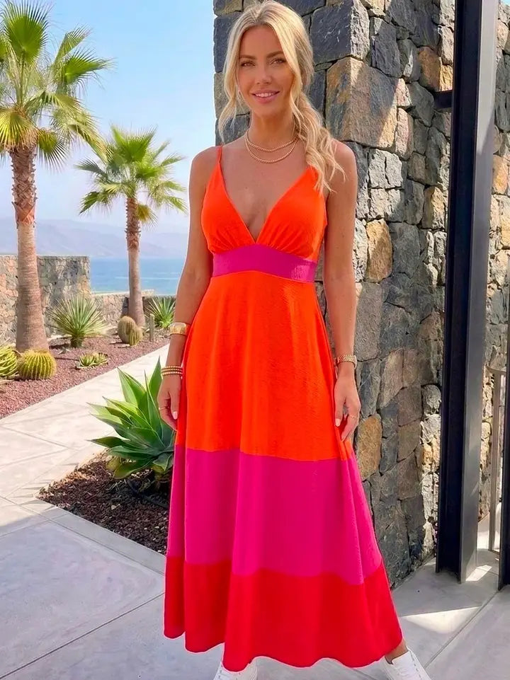 Orange/Pink/Red Colour Block Maxi Dress