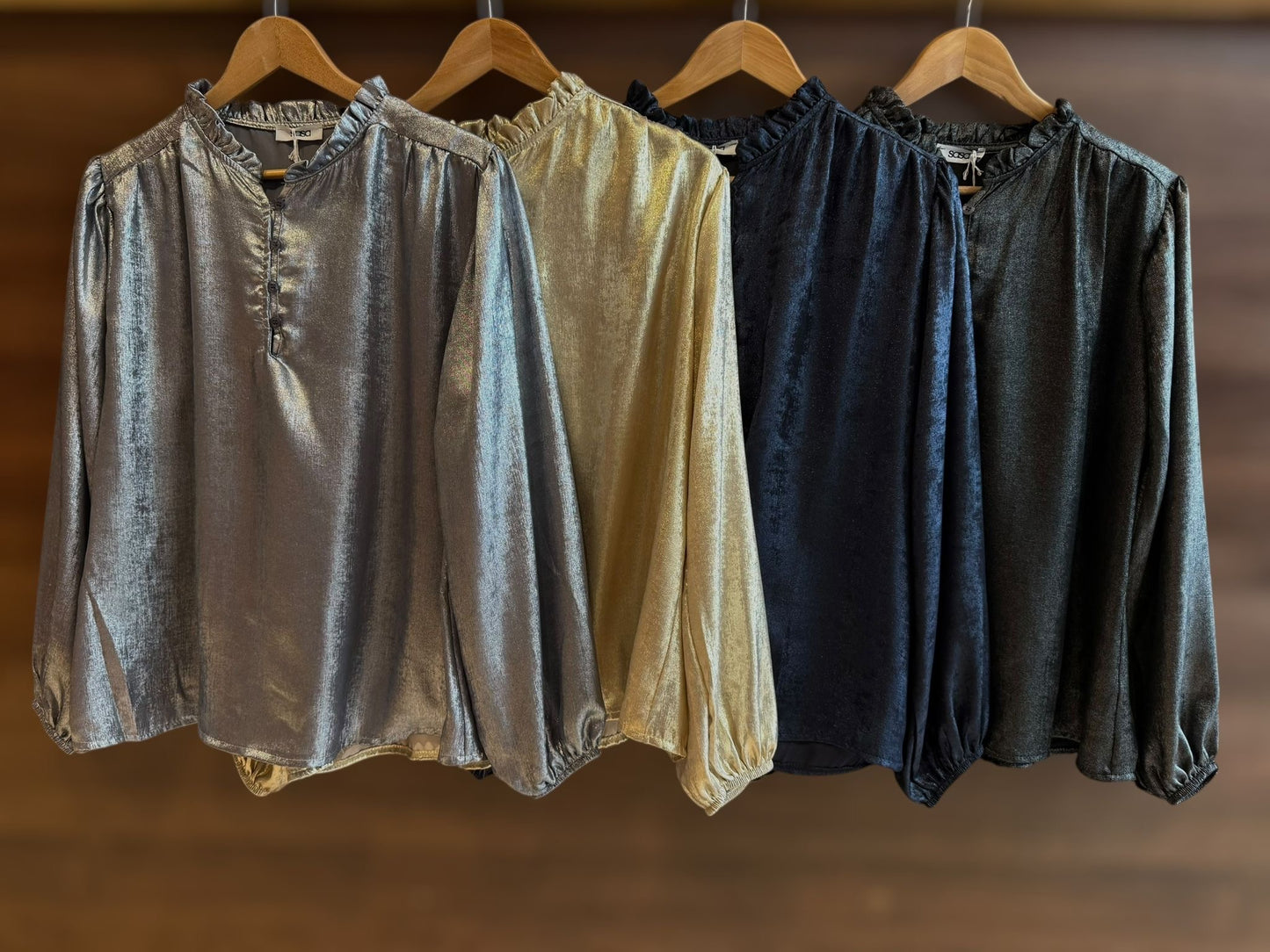 Silver Metallic Ruffle Neck Blouse PRE ORDER