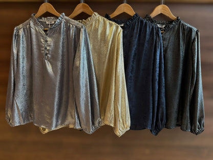 Silver Metallic Ruffle Neck Blouse PRE ORDER