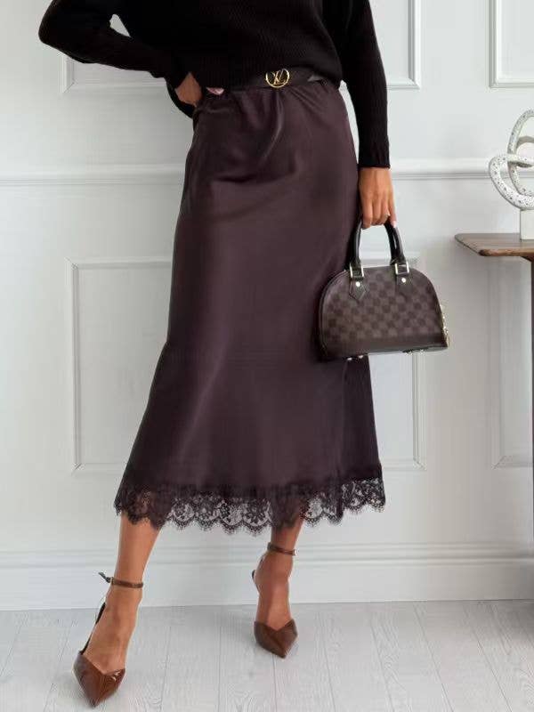 Chocolate Satin Lace Trimmed Midi Skirt
