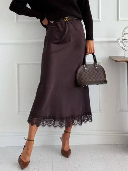 Chocolate Satin Lace Trimmed Midi Skirt