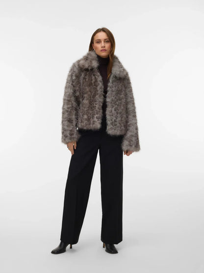 Lila Grey Leopard Faux Fur Jacket