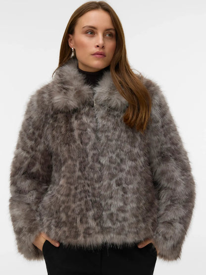 Lila Grey Leopard Faux Fur Jacket